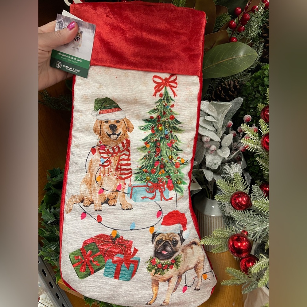 Christmas Dogs Pug & Golden Retriever Beaded Holiday Christmas Stocking NWT